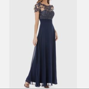 JS Collections Dress Womens 12 Blue Floral Embroidered Chiffon Maxi Formal Gown